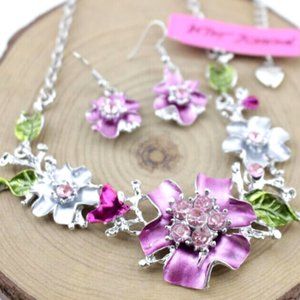 Sparkly Floral PINK Silver Green Crystal Rhinestone Necklace Pierced Earring Set